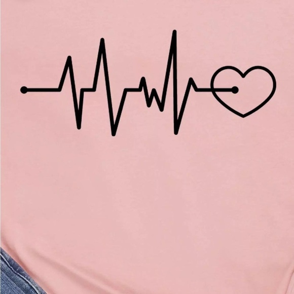 NEW! 100% Cotton Blush Pink Printed Heart EKG Short Sleeve T-Shirt - Picture 7 of 7